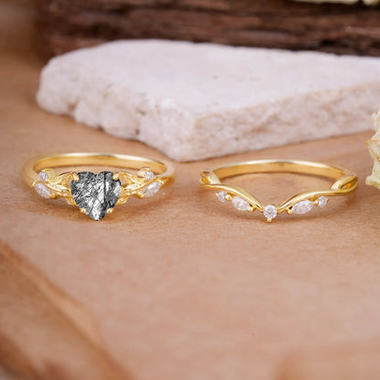 4-Prong Nature-Inspired Heart-Cut Black Rutilated Quartz Engagement Ring Set