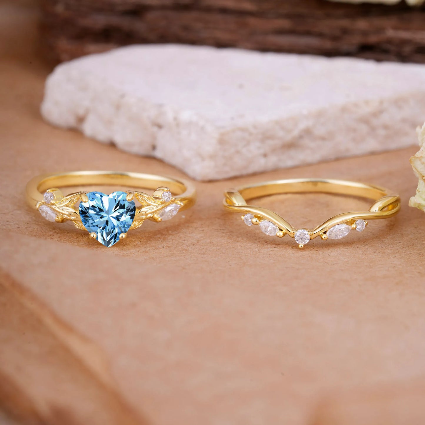 4-Prong Nature-Inspired Heart-Cut Aquamarine Engagement Ring Set