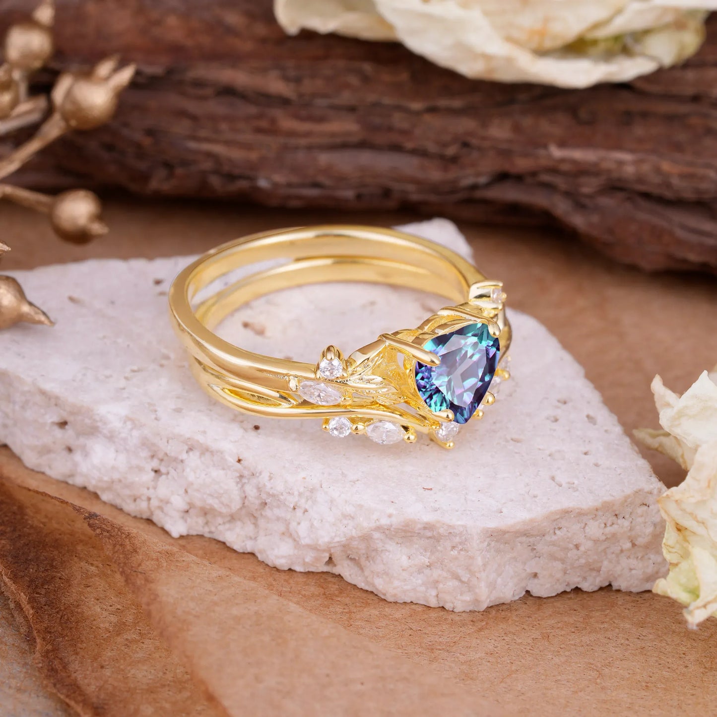 4-Prong Nature-Inspired Heart-Cut Alexandrite Engagement Ring Set