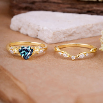 4-Prong Nature-Inspired Heart-Cut Alexandrite Engagement Ring Set