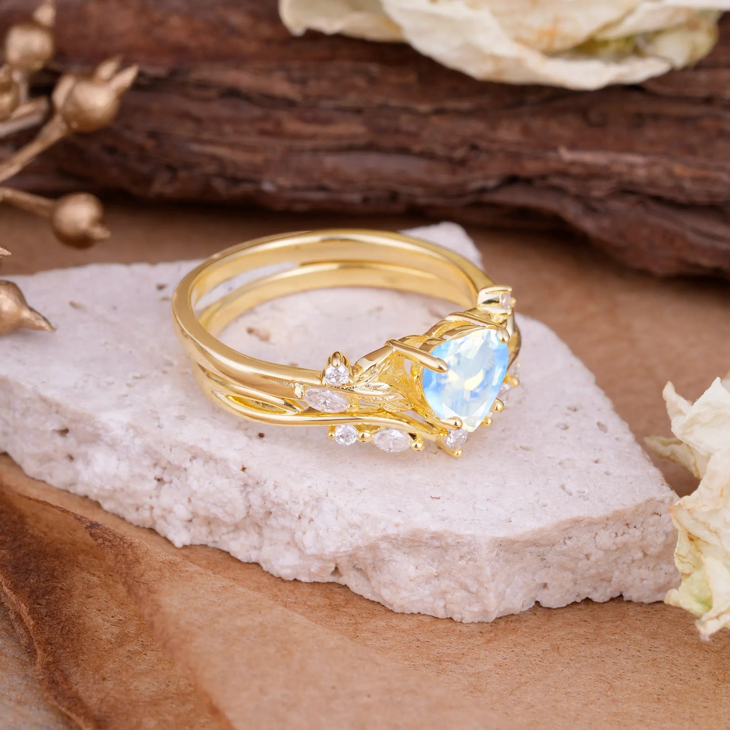 4-Prong Nature-Inspired Heart-Cut Moonstone Engagement Ring Set