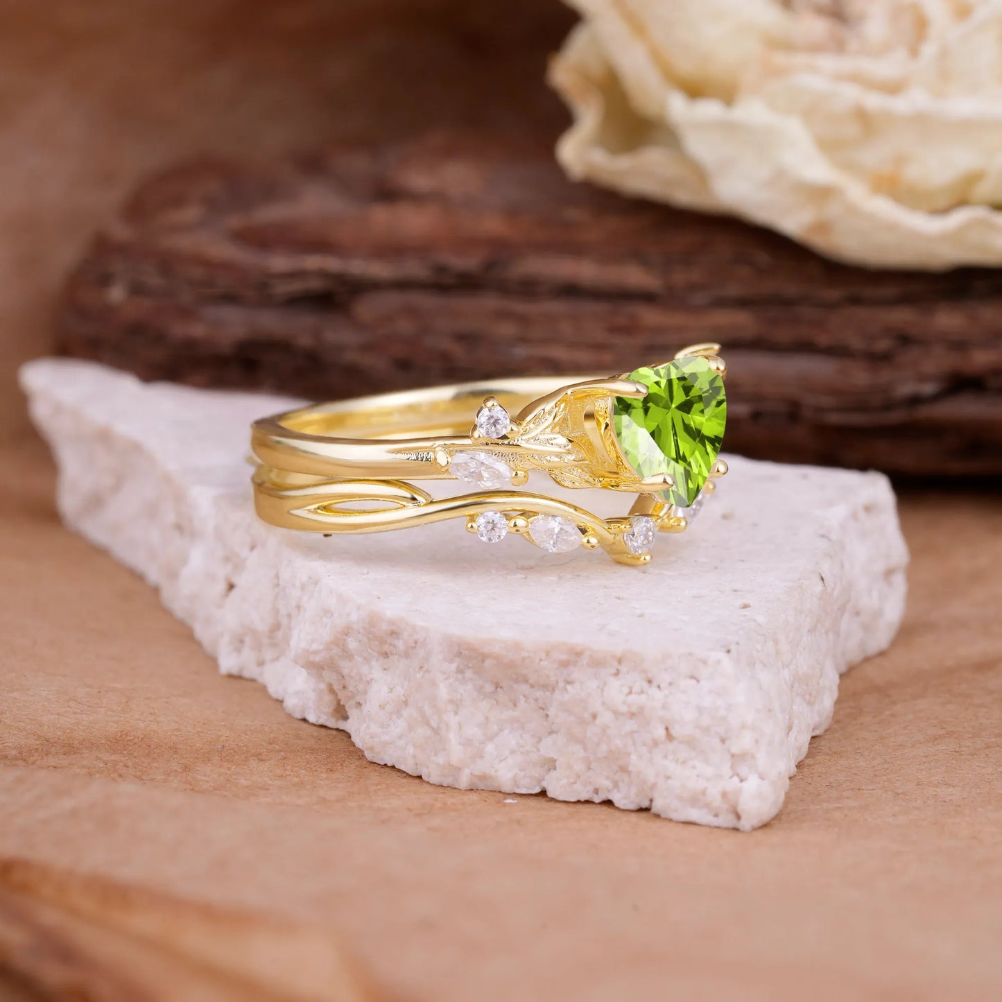 4-Prong Nature-Inspired Heart-Cut Peridot Engagement Ring Set