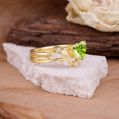 4-Prong Nature-Inspired Heart-Cut Peridot Engagement Ring Set
