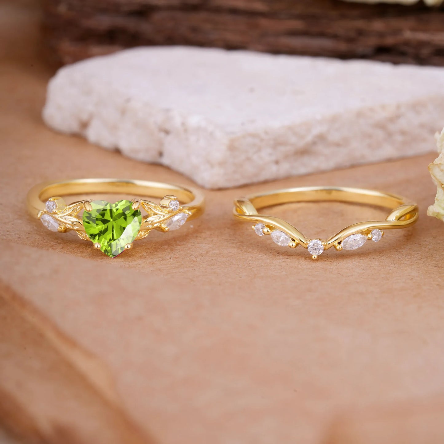 4-Prong Nature-Inspired Heart-Cut Peridot Engagement Ring Set