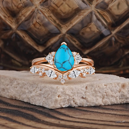 Luxury 3-Prong Pear-Cut Turquoise Engagement Ring Set