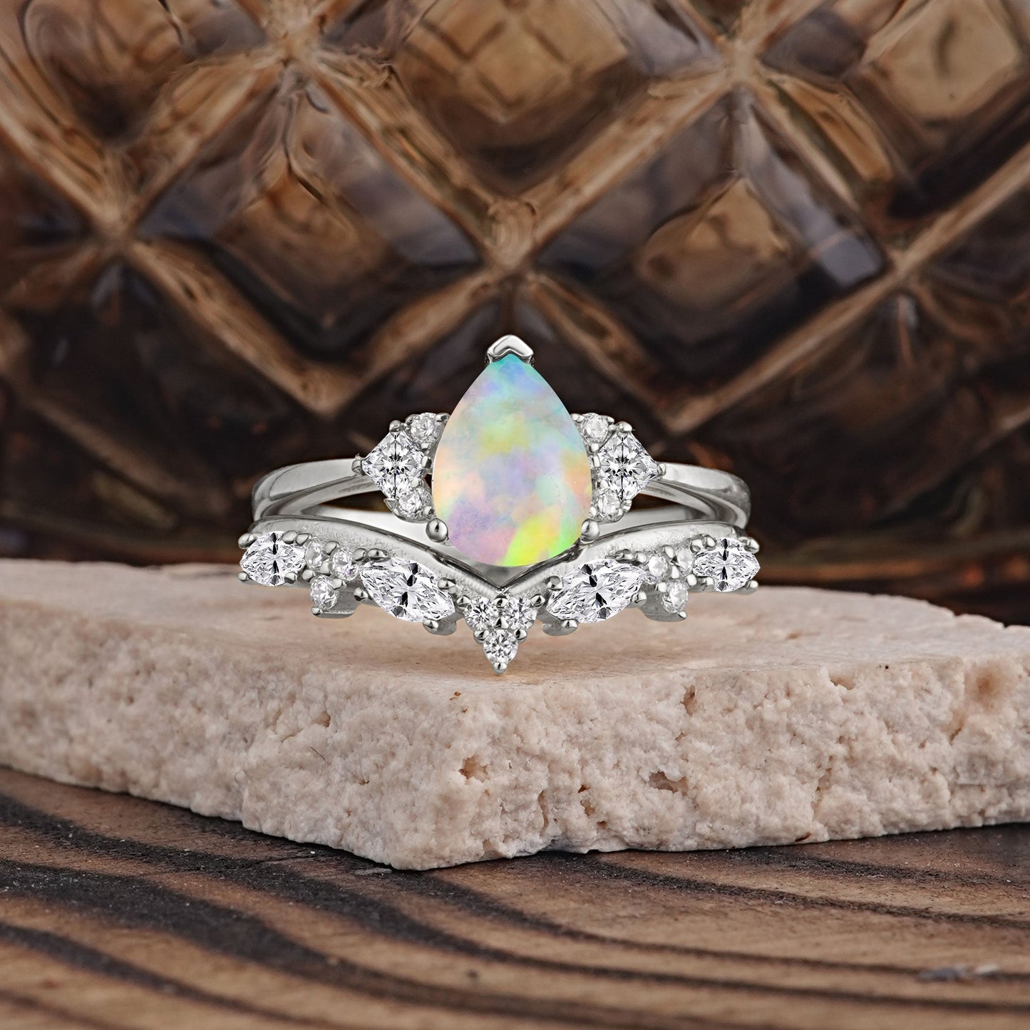 Luxury 3-Prong Pear-Cut Opal Bridal Ring Set