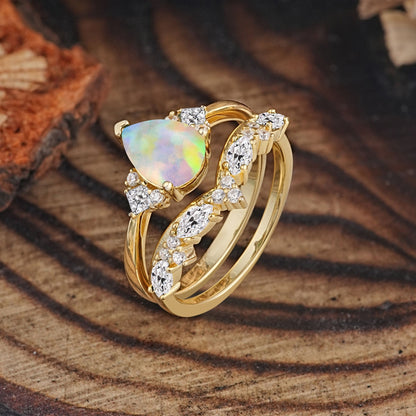 Luxury 3-Prong Pear-Cut Opal Bridal Ring Set