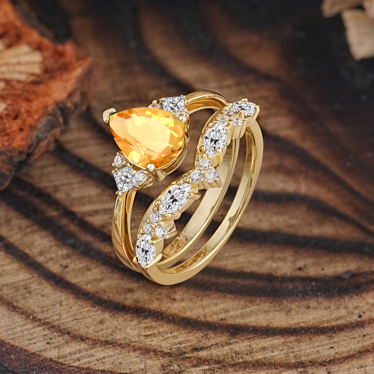 Luxury 3-Prong Pear-Cut Citrine Engagement Ring Set