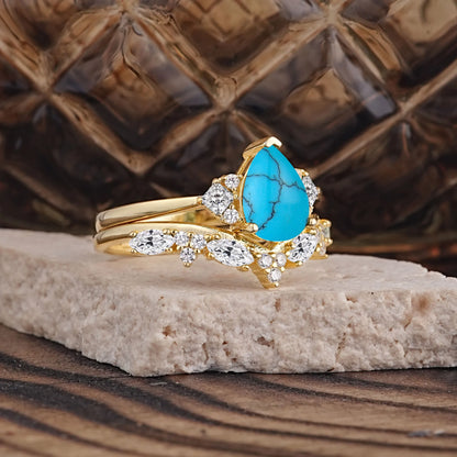 Luxury 3-Prong Pear-Cut Turquoise Engagement Ring Set
