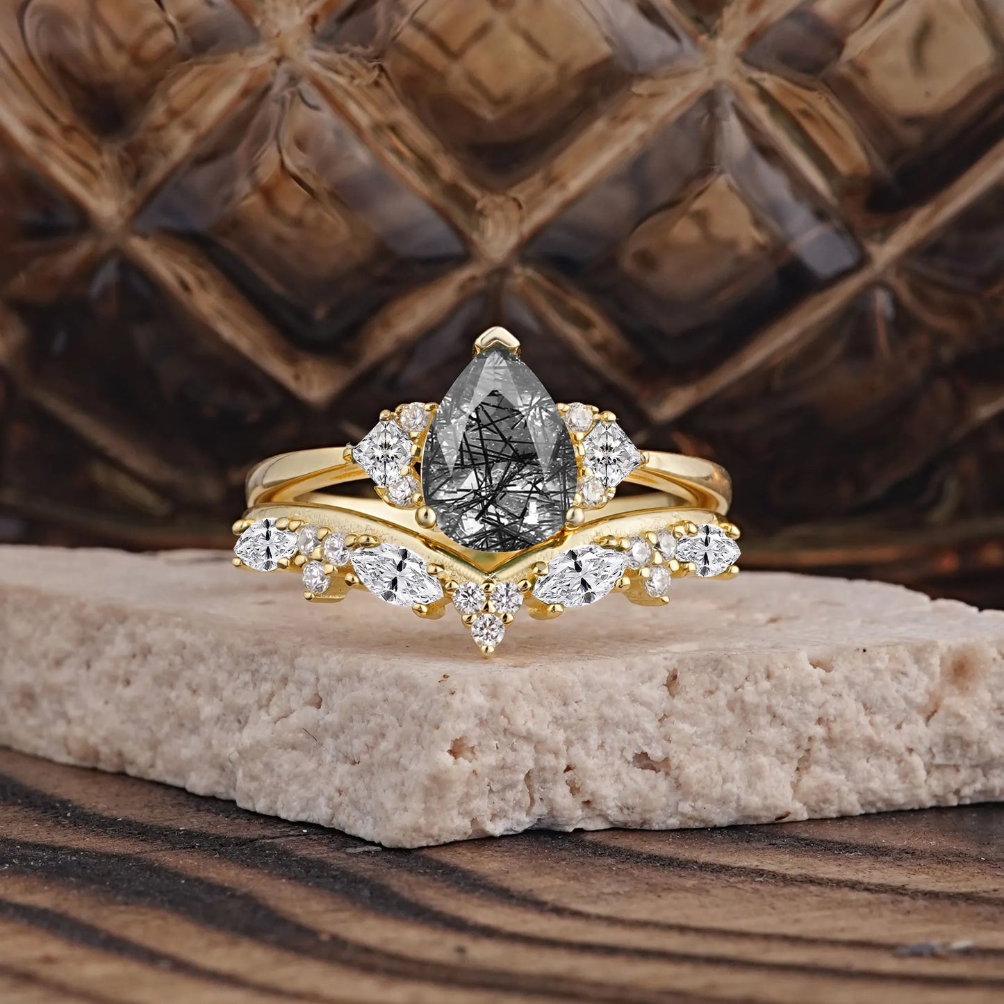 Luxury 3-Prong Pear-Cut Black Rutilated Quartz Engagement Ring Set