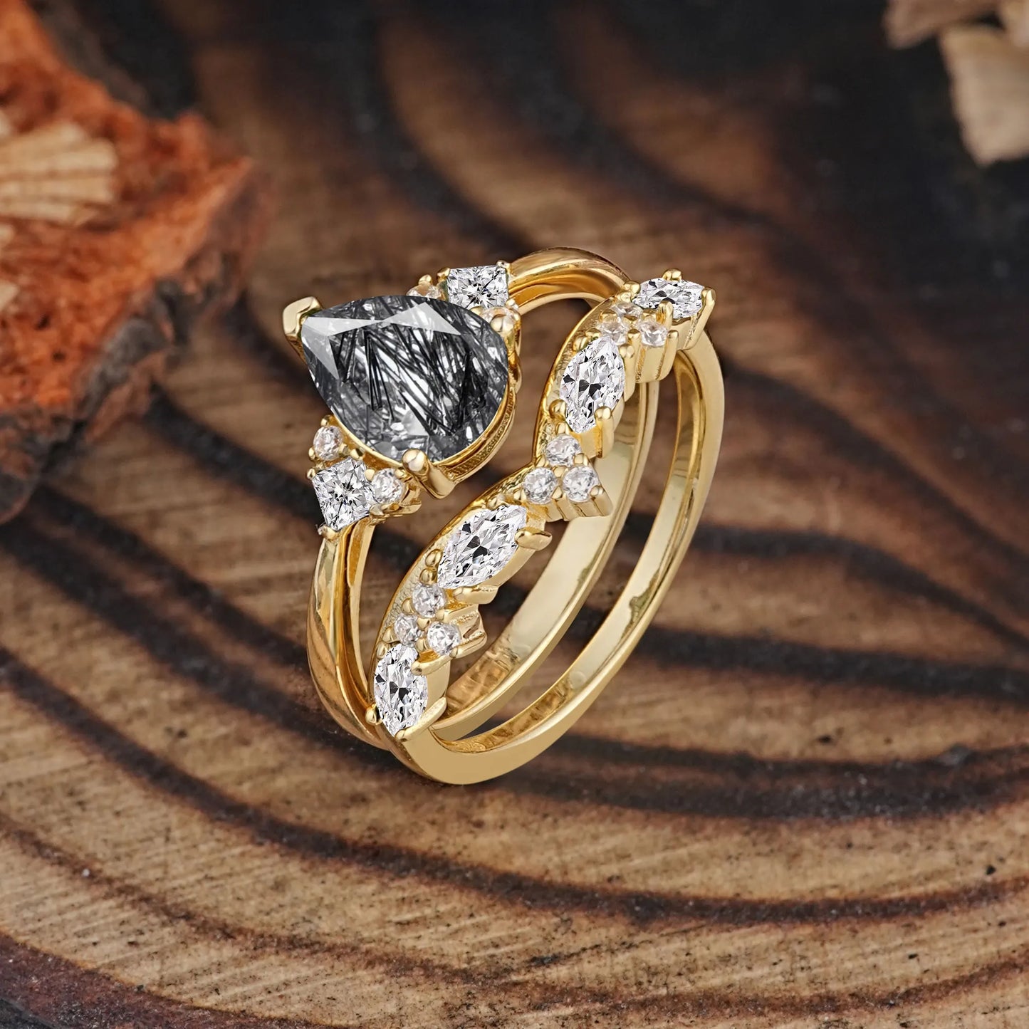 Luxury 3-Prong Pear-Cut Black Rutilated Quartz Engagement Ring Set