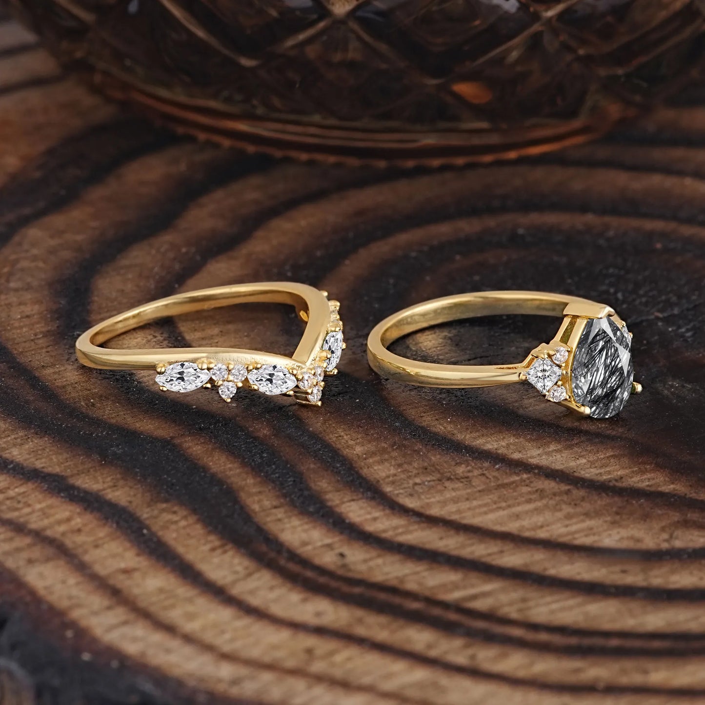 Luxury 3-Prong Pear-Cut Black Rutilated Quartz Engagement Ring Set