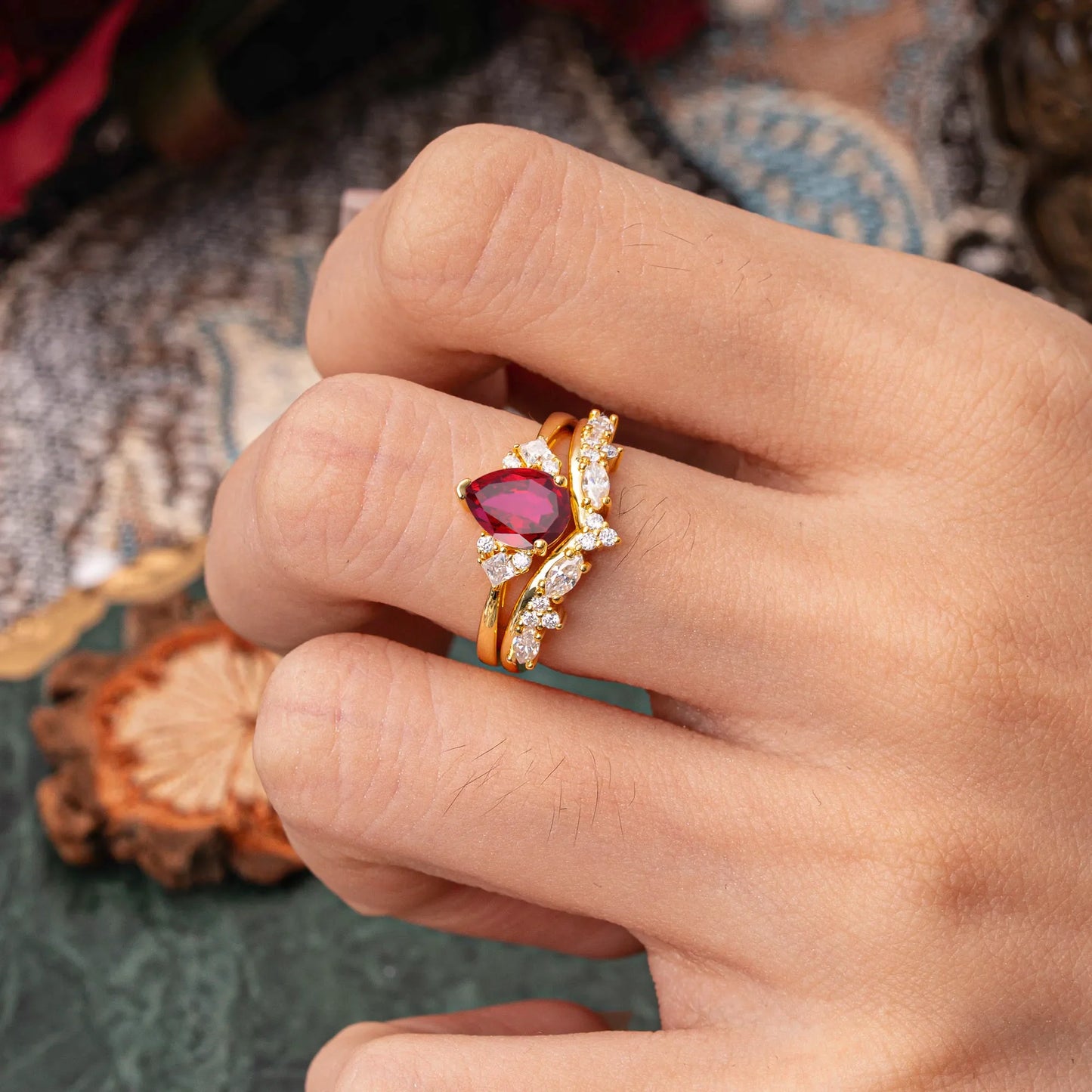 Luxury 3-Prong Pear-Cut Ruby Engagement Ring Set