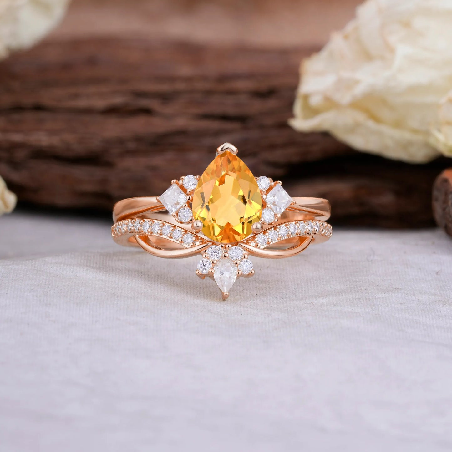 Fashion-Forward Luxury Pear-Cut Citrine Engagement Ring Set