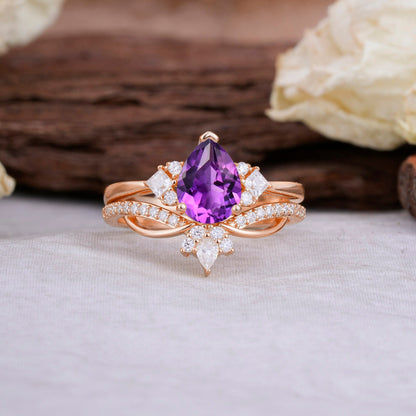 Fashion-Forward 3 Prong Luxury Pear-Cut Natural Amethyst Engagement Ring Set