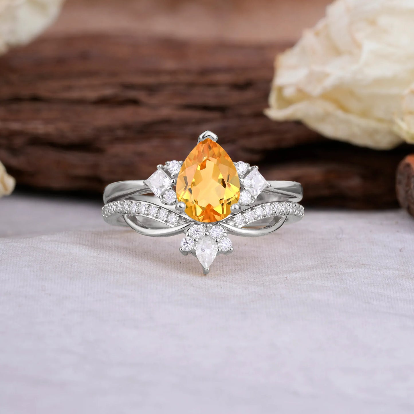 Fashion-Forward Luxury Pear-Cut Citrine Engagement Ring Set