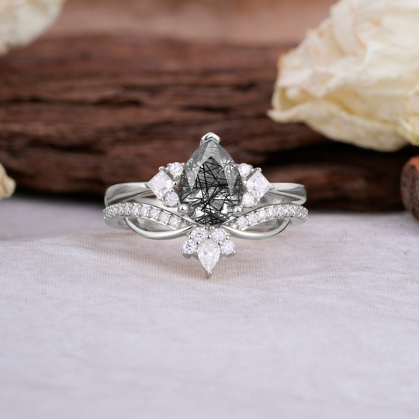 Fashion-Forward Luxury Pear-Cut Black Rutilated Quartz Bridal Ring Set