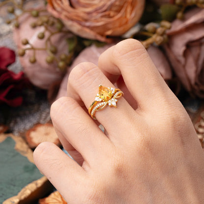 Fashion-Forward Luxury Pear-Cut Citrine Engagement Ring Set