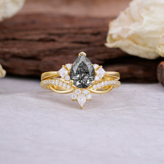 Fashion-Forward Luxury Pear-Cut Black Rutilated Quartz Bridal Ring Set