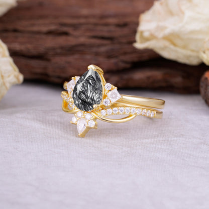 Fashion-Forward Luxury Pear-Cut Black Rutilated Quartz Bridal Ring Set
