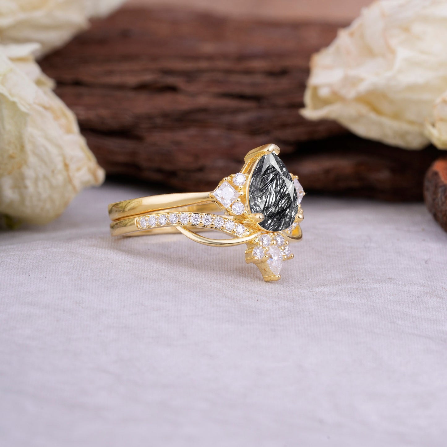 Fashion-Forward Luxury Pear-Cut Black Rutilated Quartz Bridal Ring Set
