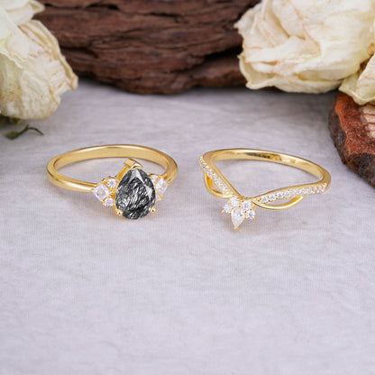 Fashion-Forward Luxury Pear-Cut Black Rutilated Quartz Bridal Ring Set