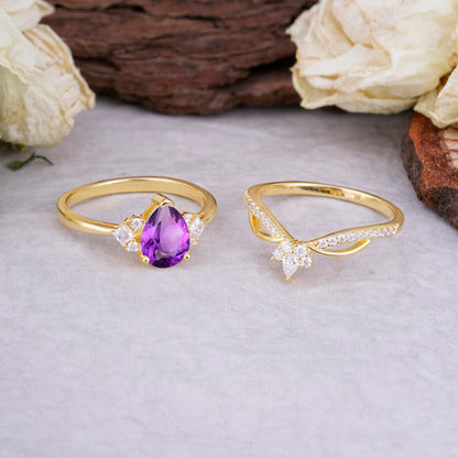 Fashion-Forward 3 Prong Luxury Pear-Cut Natural Amethyst Engagement Ring Set