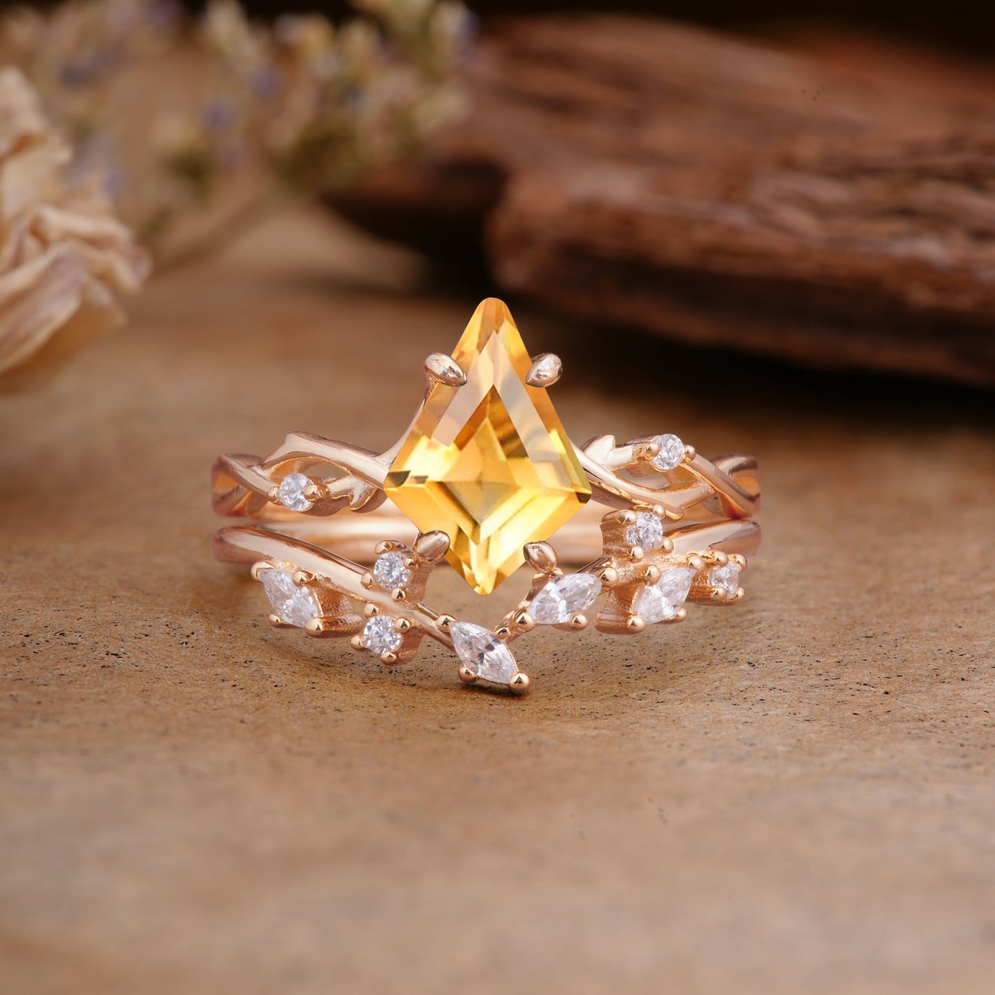 Fashion 4-Prong Kite-Cut Citrine Bridal Ring Set
