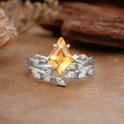 Fashion 4-Prong Kite-Cut Citrine Bridal Ring Set