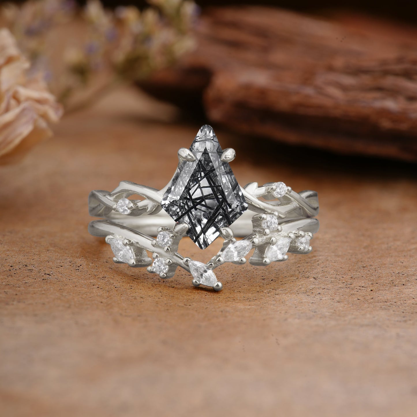 Fashion 4-Prong Kite-Cut Black Rutilated Quartz Bridal Ring Set