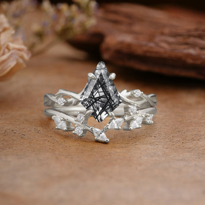 Fashion 4-Prong Kite-Cut Black Rutilated Quartz Bridal Ring Set