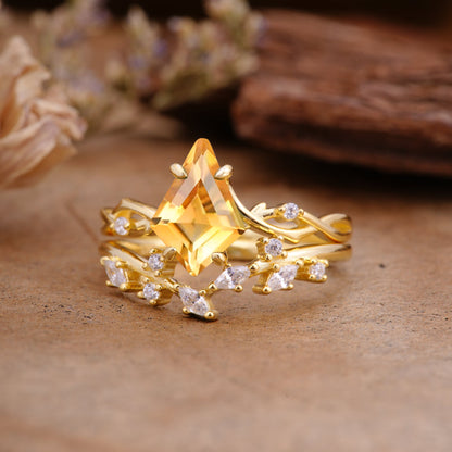 Fashion 4-Prong Kite-Cut Citrine Bridal Ring Set