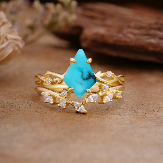 Fashion 4-Prong Kite-Cut Turquoise Bridal Ring Set