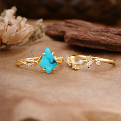 Fashion 4-Prong Kite-Cut Turquoise Bridal Ring Set