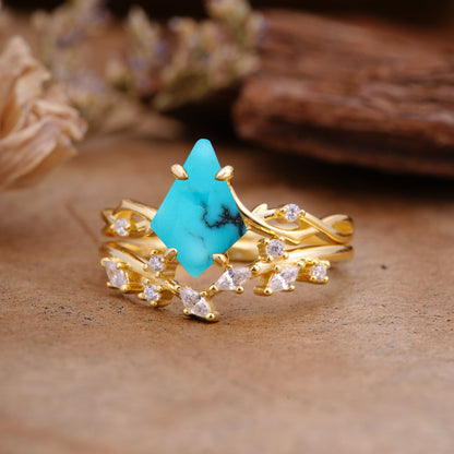 Fashion 4-Prong Kite-Cut Turquoise Bridal Ring Set