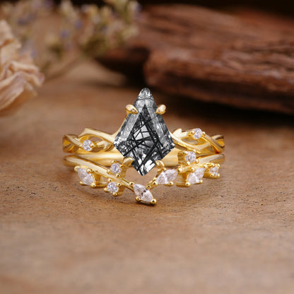 Fashion 4-Prong Kite-Cut Black Rutilated Quartz Bridal Ring Set
