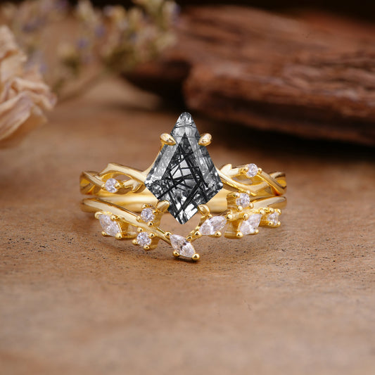 Fashion 4-Prong Kite-Cut Black Rutilated Quartz Bridal Ring Set