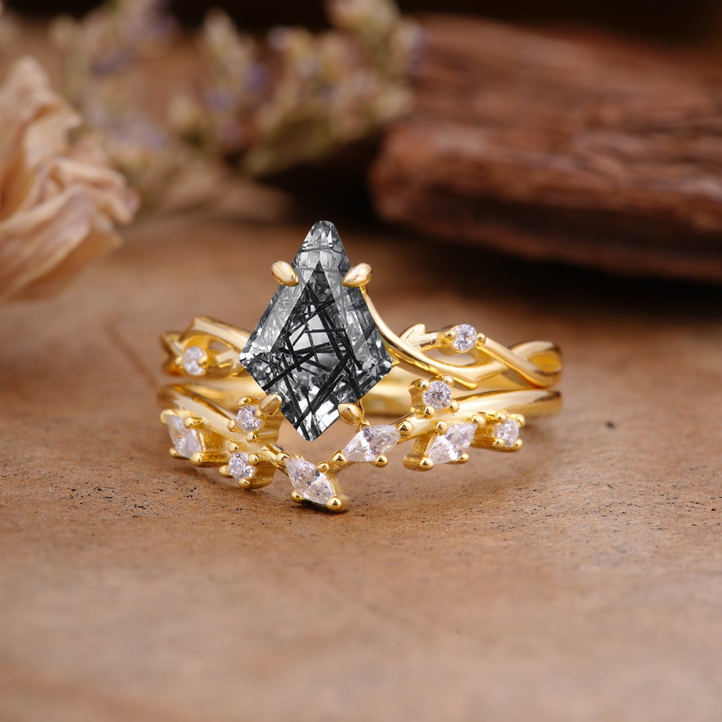 Fashion 4-Prong Kite-Cut Black Rutilated Quartz Bridal Ring Set