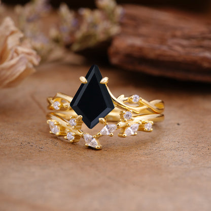 Fashion 4-Prong Kite-Cut Black Onyx Bridal Ring Set