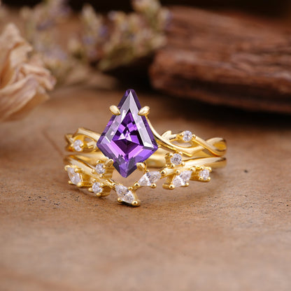 Fashion 4-Prong Kite-Cut Amethyst Bridal Ring Set