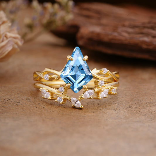 Fashion 4-Prong Kite-Cut Aquamarine Bridal Ring Set