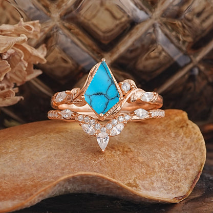 Luxury Nature-Inspired 4-Prong Kite-Cut Turquoise Bridal Ring Set