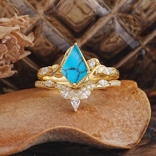 Luxury Nature-Inspired 4-Prong Kite-Cut Turquoise Bridal Ring Set
