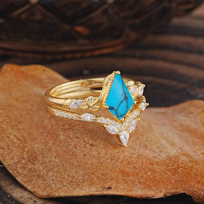 Luxury Nature-Inspired 4-Prong Kite-Cut Turquoise Bridal Ring Set