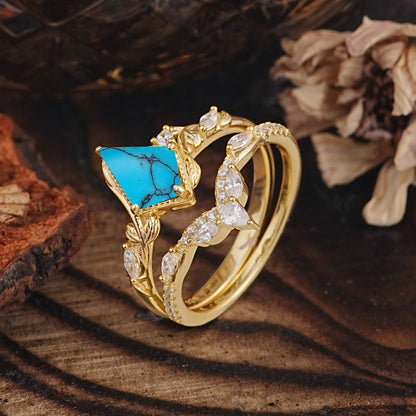 Luxury Nature-Inspired 4-Prong Kite-Cut Turquoise Bridal Ring Set