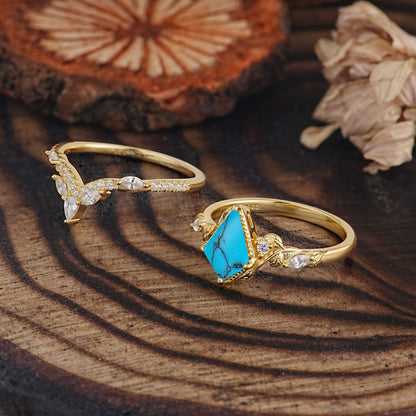 Luxury Nature-Inspired 4-Prong Kite-Cut Turquoise Bridal Ring Set