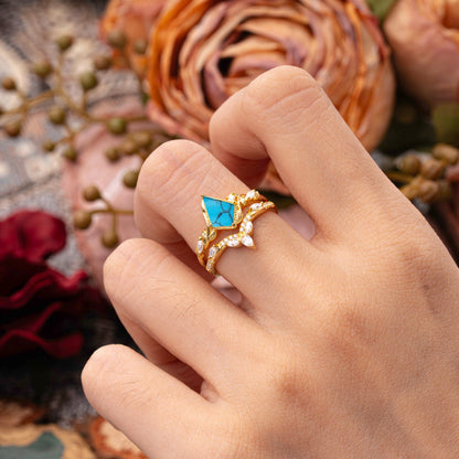 Luxury Nature-Inspired 4-Prong Kite-Cut Turquoise Bridal Ring Set