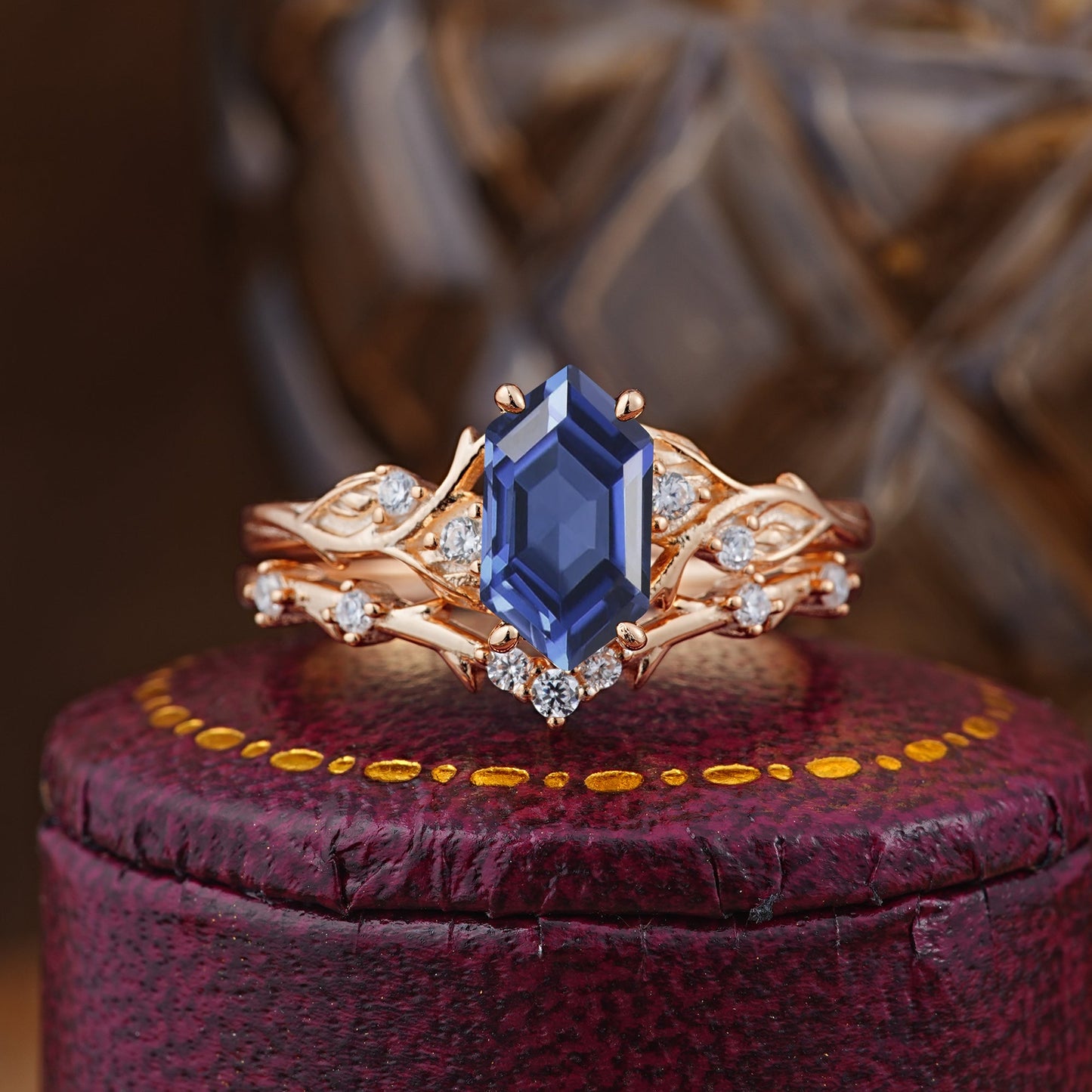 Nature-Inspired 4-Prong Hexagon-Cut Tanzanite Bridal Ring Set