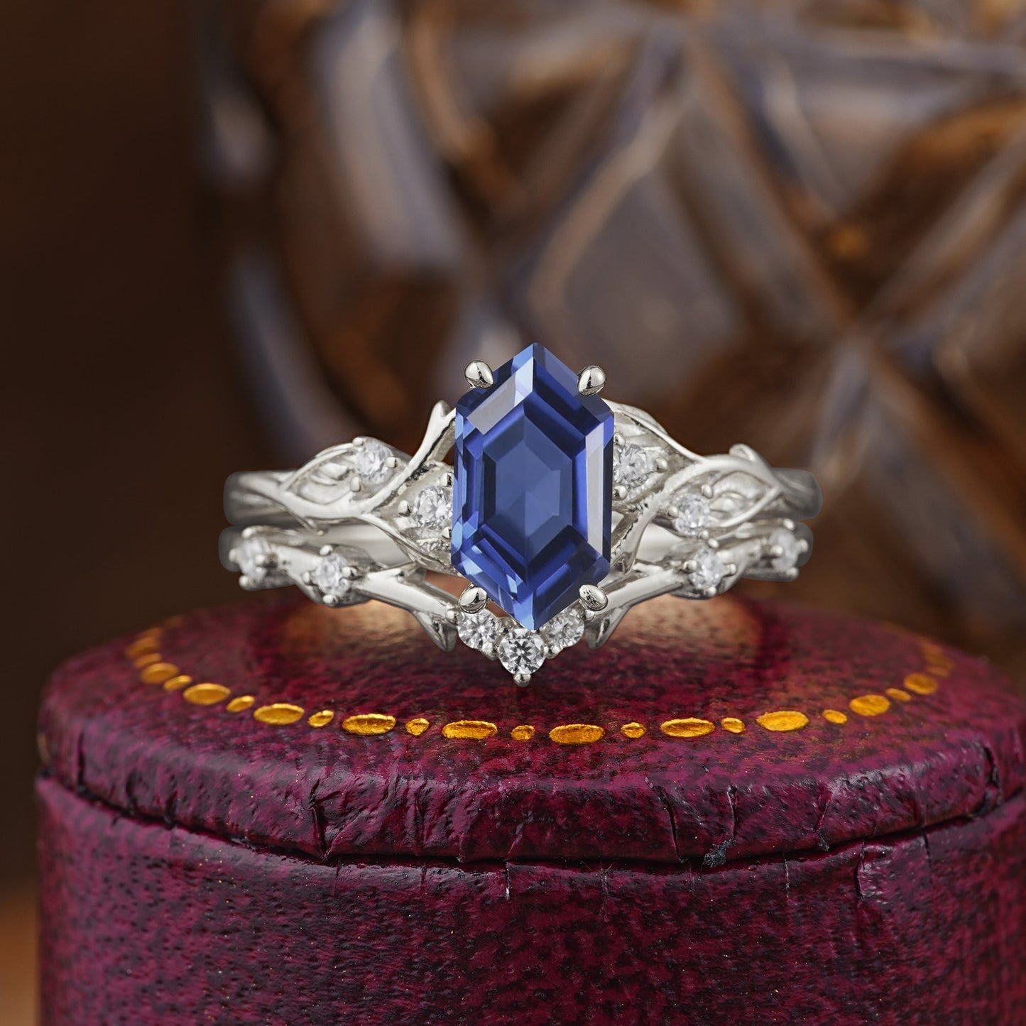 Nature-Inspired 4-Prong Hexagon-Cut Tanzanite Bridal Ring Set