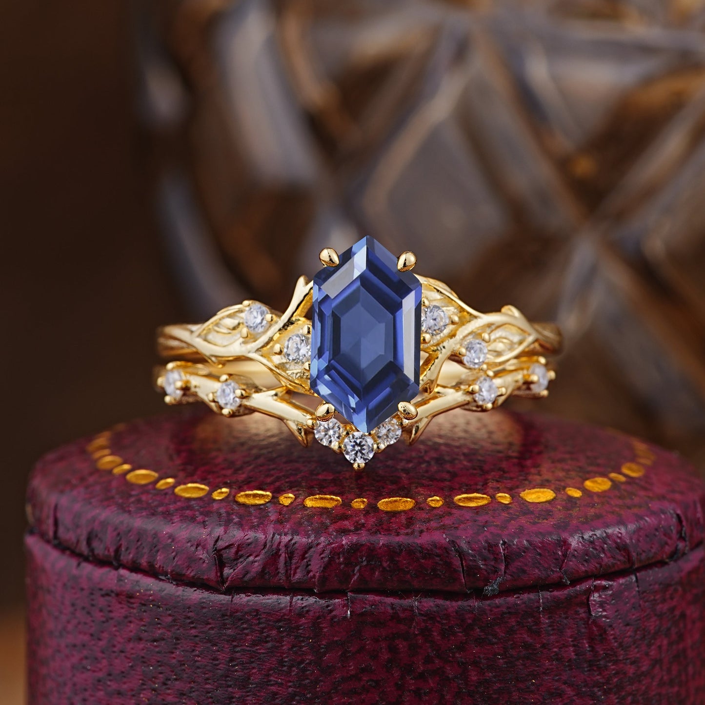 Nature-Inspired 4-Prong Hexagon-Cut Tanzanite Bridal Ring Set